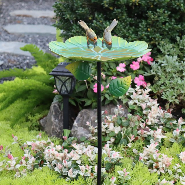 Garten-Vogelbadewanne aus Metall mit Blattmuster in Grün, Höhe: 71,1 cm - Bild 1