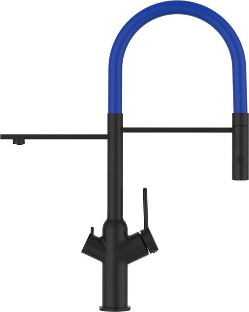VIZIO 4-Wege Küchenarmatur mit 360 Grad schwenkbarem Auslauf und abnehmbarer 2-Strahl Handbrause in Schwarz Matt mit Blau-Akzenten - Bild 1
