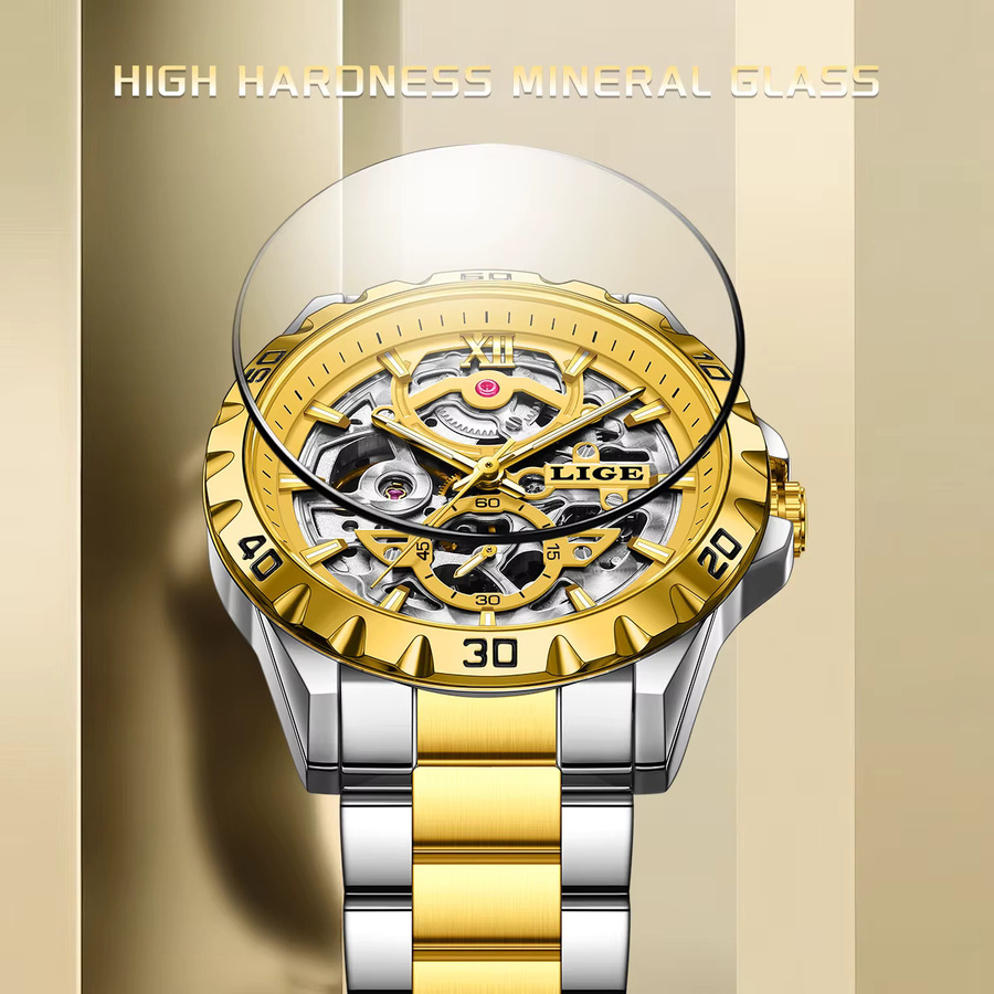 LIGE Armbanduhr Automatik, Edelstahl, Gold, Silber, Herren - Bild 5
