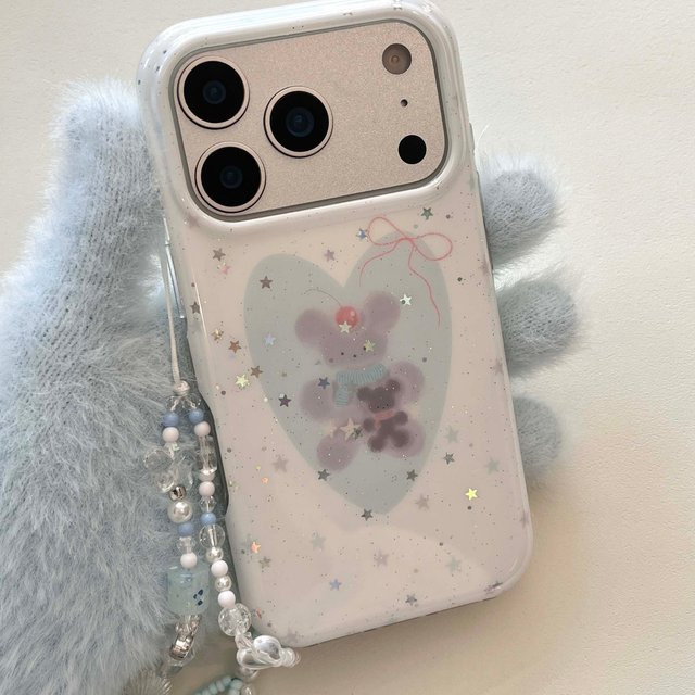 Niedrige Handyhülle Ins Love mit Schleife, Glitzer Sternen und Hase Cartoon für iPhone 13 14 15 16 17 Pro Max in Weiß - Bild 1