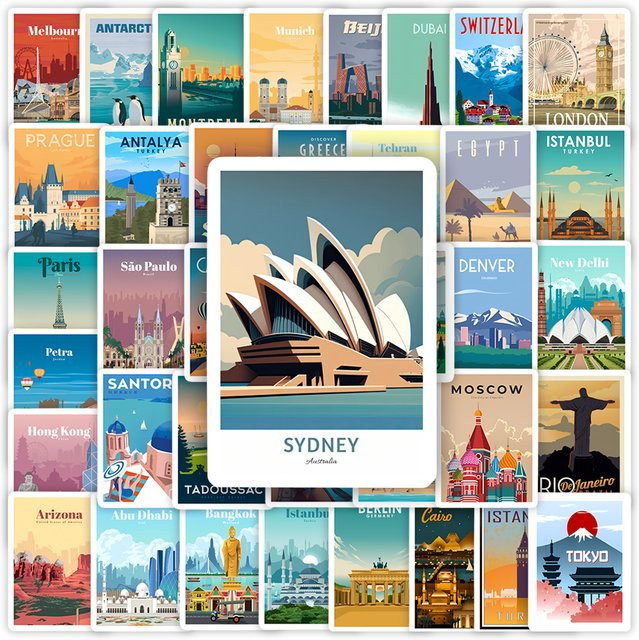 World Travel Dekorative Stadtaufkleber mit Landschaften, wasserfeste DIY-Aufkleber für Tagebuch, Laptop und Gepäck, Multicolor - Bild 1