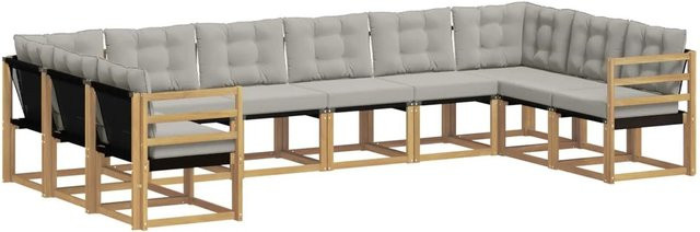 vidaXL Outdoor-Sofagarnitur in U-Form aus Akazienholz mit Textilene und Kissen in Weiß-Hellgrau - Bild 1
