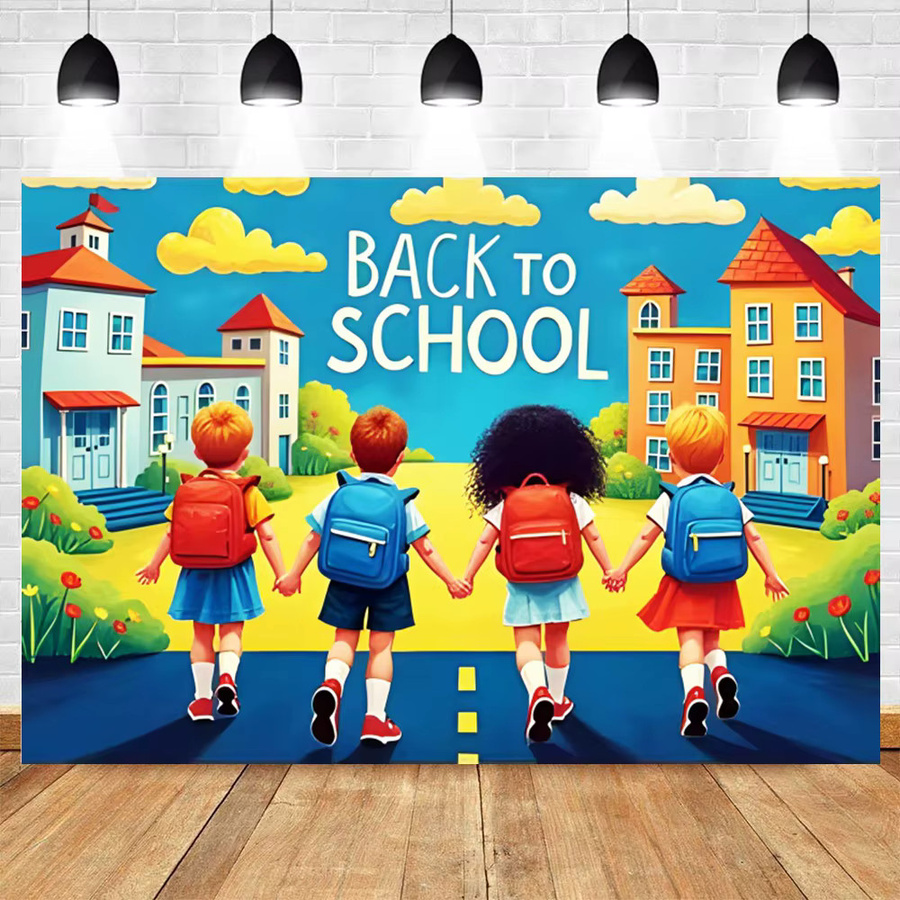 Bonvvie Kindergarten-Fotohintergrund Schulanfang in Multicolour mit Weltkugel, Bücherregal und Tafel - Bild 2