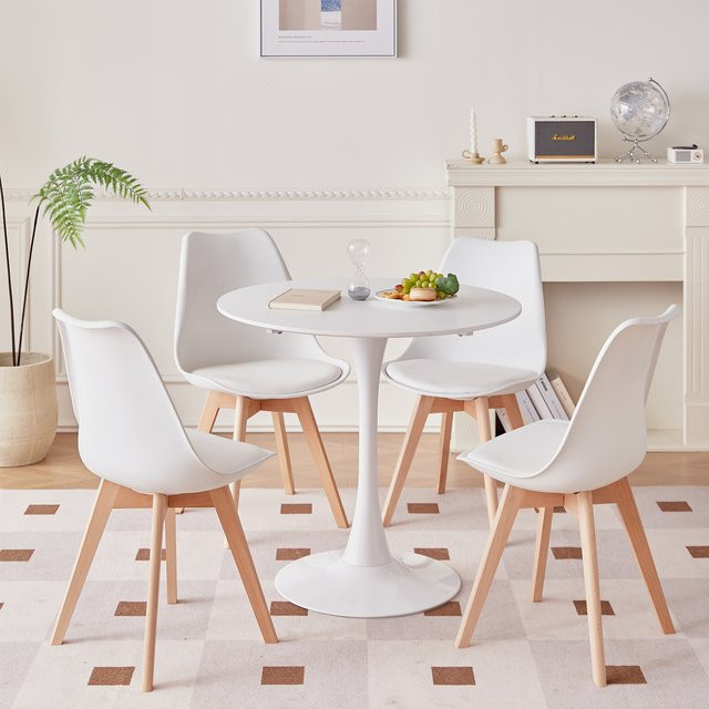 GrandCA HOME Esstisch-Set im skandinavischen Design mit rundem Tisch und 4 Esszimmerstühlen mit PU-Kissen, Farbe Weiß - Bild 1