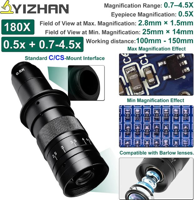YIZHAN Mikroskop-Zoom-Objektiv mit 0,7-4,5x Vergrößerung und 180X Zoom, C-Mount-Objektiv mit 0,5x Okular für HDMI-Mikroskopkameras, Schwarz - Bild 1