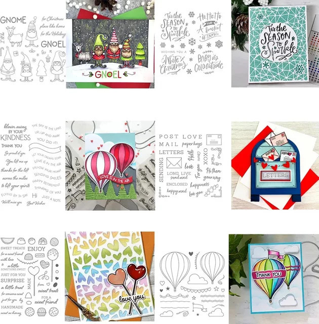 Winterzwerge Stanzformen und Stempel Set mit Heißluftballon und geschlossenen Buchstaben für DIY Scrapbooking und Kartenherstellung, Multicolor - Bild 1