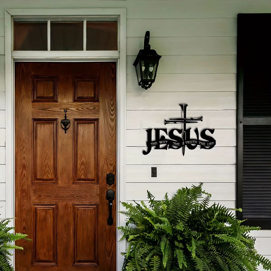 DDPNKL Jesus-Wanddekoration aus Metall in Schwarz mit Kreuz, betenden Händen und Jesus-Schriftzug - Bild 4