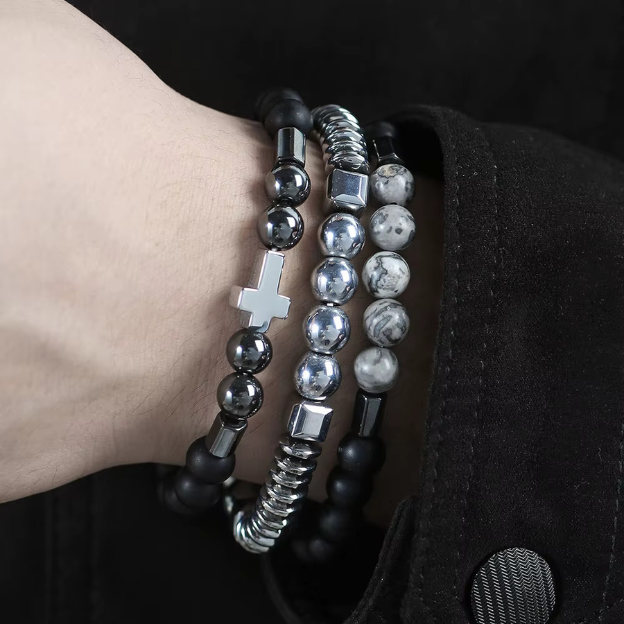 INGX Armband Set, Perle, Hämatit, Grau, Vintage, Herren - Bild 2