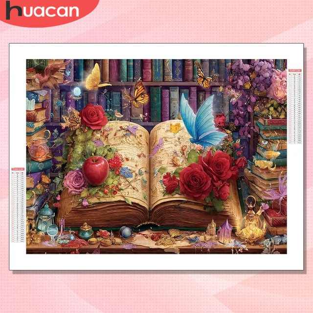 HUACAN Diamond Painting Set Bücherregal-Landschaft mit Rosen, Schmetterlingen und Blumen in Multicolour, B/H: 30 x 20 cm - Bild 1