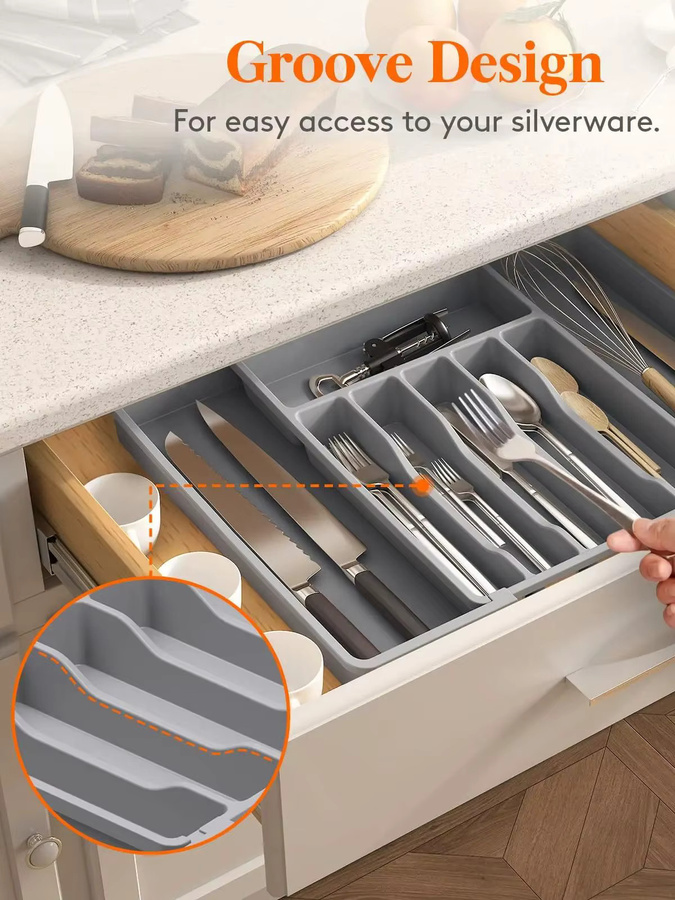 Untior Erweiterbare Utensilienablage in Grau, BPA-freier Besteckhalter aus Kunststoff mit Trennern, Breite: 33,0 cm, Höhe: 5,0 cm - Bild 6