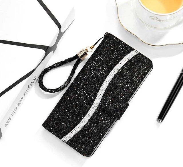 Samsung Brieftasche Lederhülle mit Glitzer-Puder-Effekt für Galaxy S25 Edge S24 Ultra S23 Plus S22 S20 FE A16 A17 A26 A35 A36 A55 A56 in Schwarz - Bild 1
