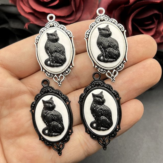 ZBOZWEI Anhänger, Schwarze Katze Cameo, Vintage, Silber, Unisex, 42*24mm - Bild 1