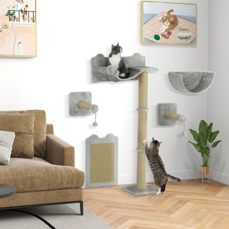 PawHut Katzen Kletterwand 5-teilig aus Polyester in Hellgrau mit Hängematte und integriertem Spielzeug für Katzen bis 5 kg - Bild 2