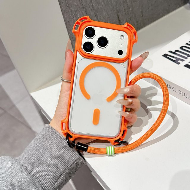 HANZHI Handyhülle mit kurzem Handgelenk-Lanyard und Magnetfunktion für iPhone, Orange - Bild 1