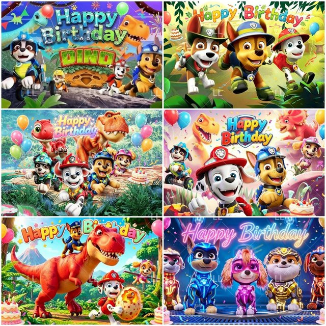 Paw Patrol Brave Dinosaur Island Fotohintergrund für Kindergeburtstage, mehrfarbige Partydekoration mit Welpenmotiven, Breite: 90 cm - Bild 1