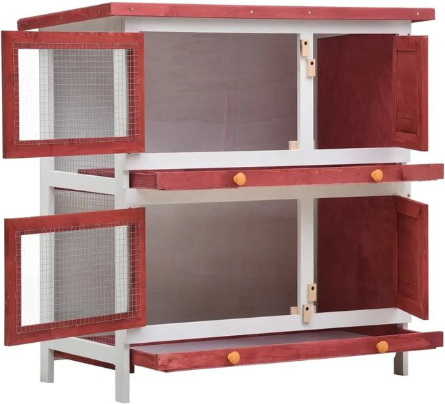 vidaXL Kaninchenstall aus lackiertem Kiefernholz in Rot mit 4 Türen und Drahtgitter, B/T/H: 135 x 90 x 45 cm - Bild 1