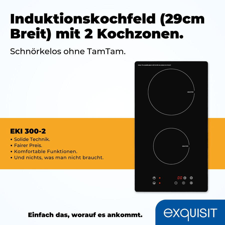 Exquisit EKI 300-2 Induktionskochfeld in Schwarz, Einbaukochfeld aus Glas mit Kindersicherung und Restwärmeanzeige - Bild 3