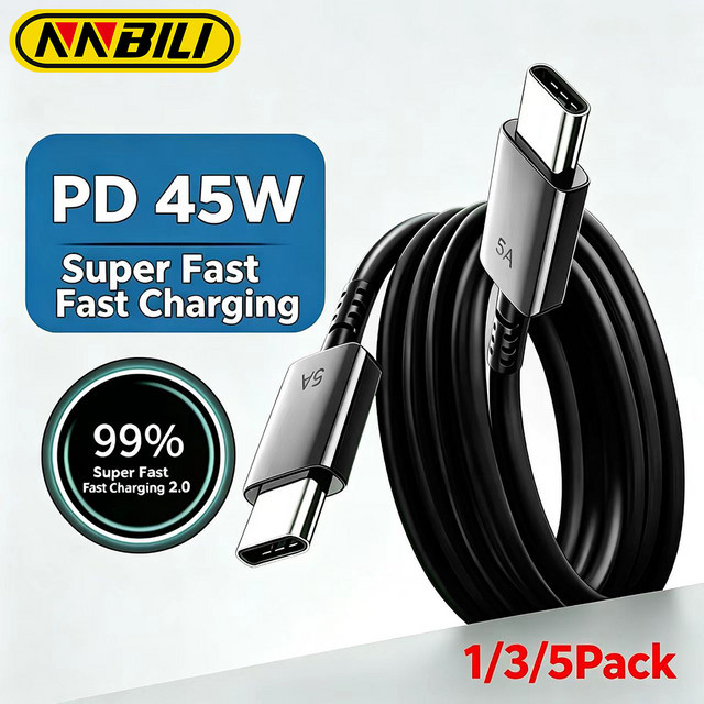 NNBILI USB-C Ladekabel 45W in Schwarz für Samsung Galaxy S22 S23 S24 S25 Ultra Note 10 20 A53 A54 als Superschnelles Typ C Datenkabel (1er-Pack oder 5er-Pack) - Bild 1