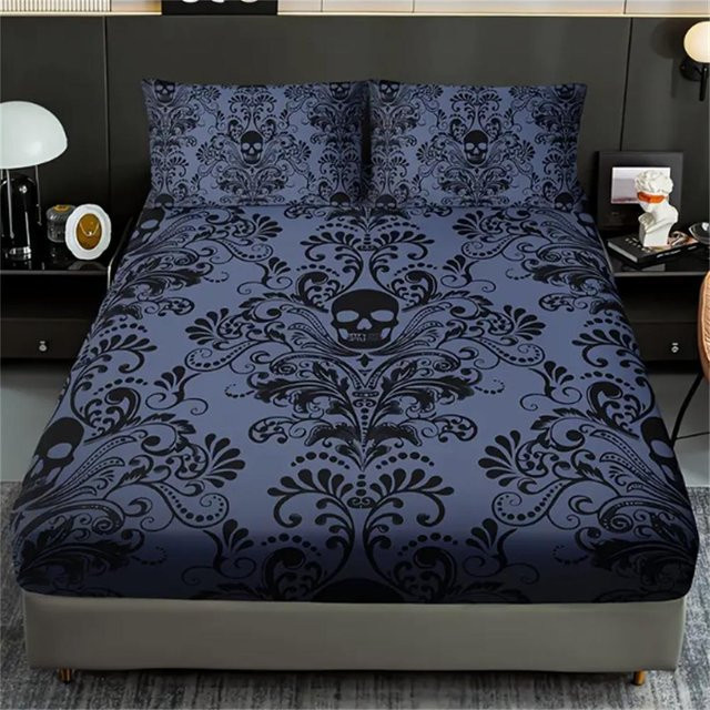 Binchi Fitness 3-teiliges Bettwäsche-Set mit Totenkopf- und Blumendesign, Grau, B/T: 90 x 200 cm, Höhe: 25 cm - Bild 1