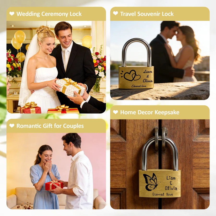 Personalisiertes Messing-Herzschloss in Gold mit 3 Schlüsseln für Hochzeitstag und Valentinstag - Bild 3