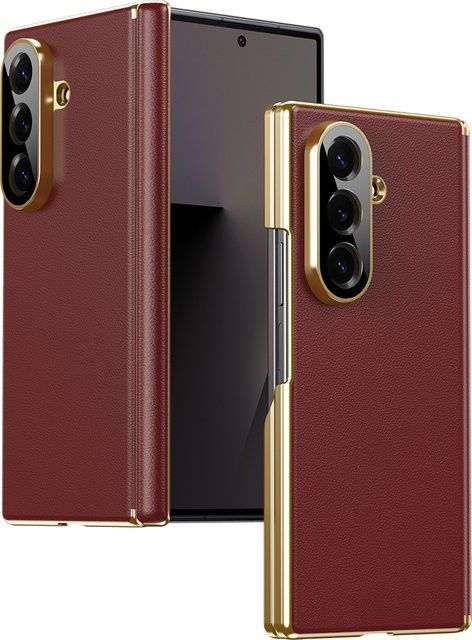 Stoßfeste Leder Handyhülle mit Objektivscharnierschutz für Samsung Galaxy Z Fold 7 6 5 4 5G, Farbe: Rot - Bild 1