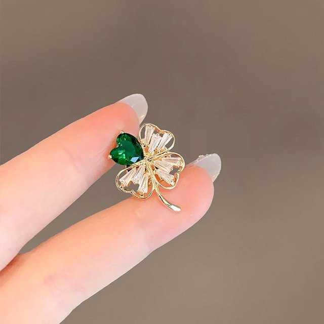 Brosche Mini Kleeblatt, Grüner Strass, Herzform, Damen - Bild 1