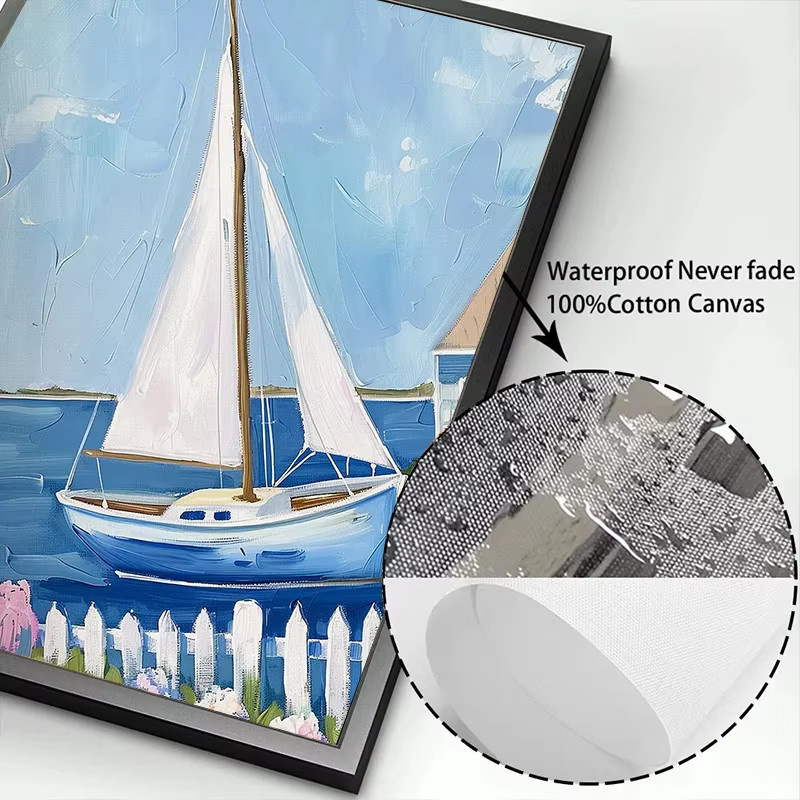 Potdemiel Leinwandgemälde Blaue Küstenlandschaft mit Segelboot und Hortensien als Wandkunst für dein Wohnzimmer - Bild 2