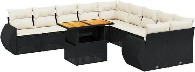 vidaXL 11-teilige Garten-Sofagarnitur in L-Form aus Polyrattan und Akazienholz mit Kissen in Schwarz-Creme - Bild 1