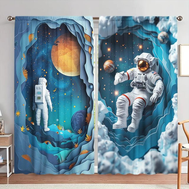 2er-Set Astronaut im Weltraum bedruckte Vorhänge in Schwarz und Blau, halbtransparentes Fensterdekor mit Sternen-Motiv, B: 52,5 cm, H: 116 cm - Bild 1