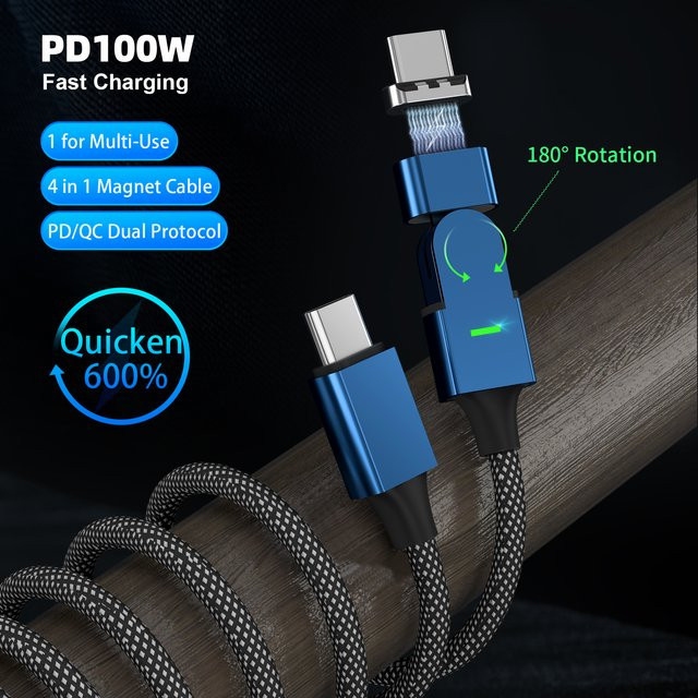 Magnpter PD100W 180 Grad drehbares Magnet-Ladekabel USB-C zu Lightning und USB-C in Blau - Bild 1