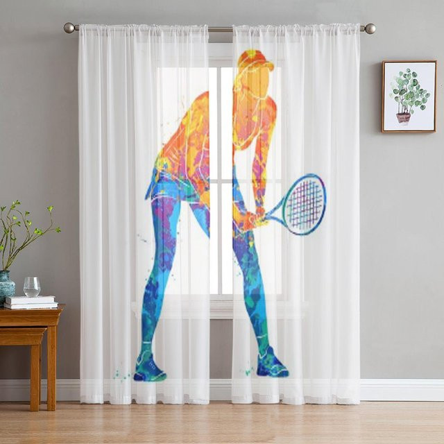 Tennisspieler Luxuriöse Chiffon Transparente Vorhänge für Wohnzimmer und Schlafzimmer, B/H: 135 x 160 cm, Multicolour - Bild 1