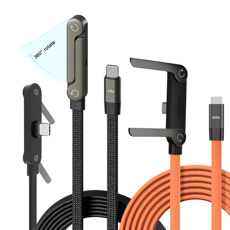 BESY 2-in-1 Schnellladekabel Typ-C zu Typ-C mit faltbarer Halterung für Telefon und Tablet, 240W, Schwarz/Orange - Bild 4