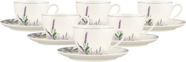 Seltmann Weiden Kaffeetassen mit Untertassen Savona Provence Weiß Floral 6er Set mit 270 ml - Bild 1