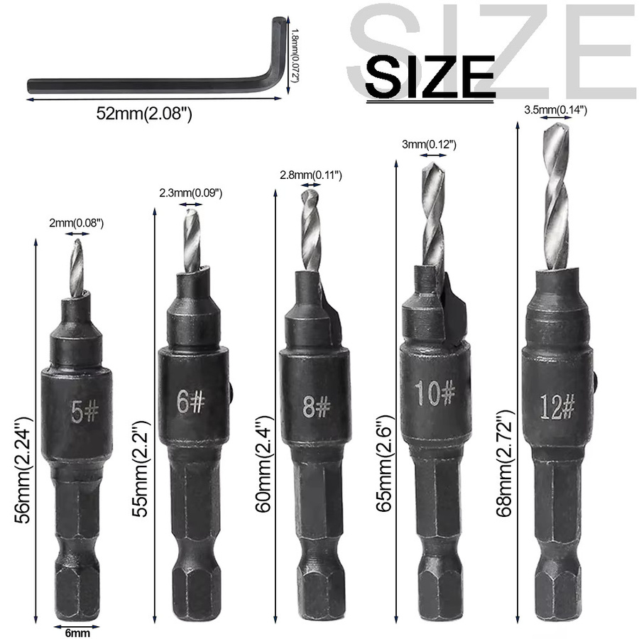 5-teiliges Senker-Bohrer-Set von SI FANG für die Holzbearbeitung inklusive Senker-Bits und Schraubenschlüssel für Schrauben der Größen 6, 8, 10 und 12 mm - Bild 2