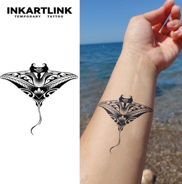 INKARTLINK Devil Fish Dark Tattoo Aufkleber, Deep Sea Devil Ray Totem - Bild 1