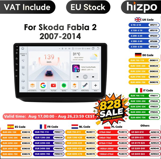 HIZPO Android Autoradio mit 10,1 Zoll QLED-Bildschirm für Skoda Fabia 2 (2007-2014), Snapdragon Qualcomm Prozessor, GPS, Carplay, 4G, WIFI und AI Intelligentes System, Schwarz - Bild 1
