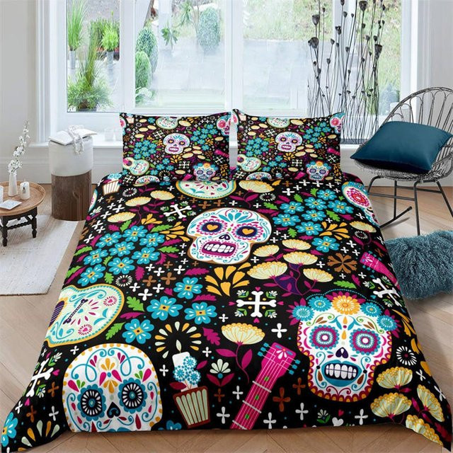 Binchi Outdoor Product Bettwäsche-Set Zuckerschädel Gothic Skelett mit floralem Design, B/H: 135 x 200 cm - Bild 1