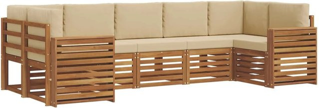 vidaXL 7-teilige Sofagarnitur aus Massivholz Akazie in Natur und Beige mit Polsterung und Kissen - Bild 1