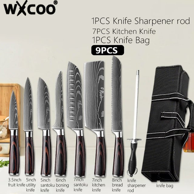 WXCOO Japanisches Messer-Set aus Damaststahl und VG10-Stahl mit Santoku-Schneidemesser, Fleischbeil und magnetischem Messerblock - Bild 1