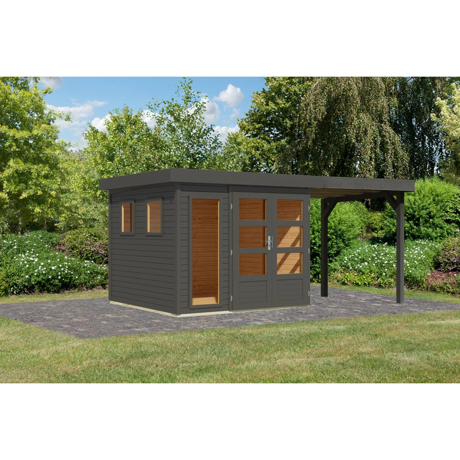 Karibu Gartenhaus Maradi 3,5 mit Anbaudach aus Massivholz Fichte in Terragrau, B/T/H: 211 x 238 x 242 cm - Bild 2