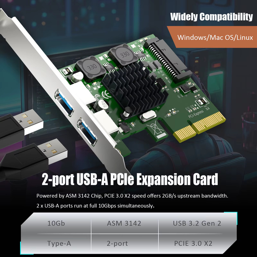 GLOTRENDS USB 3.1 Gen2 Typ-A auf PCIe x4 Erweiterungskarte mit 2 Ports und ASM 3142 Chip - Bild 4