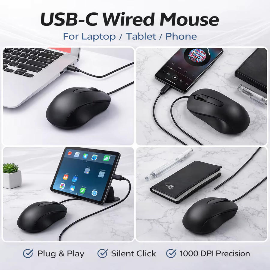 LISCN USB-C-Maus mit Kabel in Schwarz, leiser Klick, 1000 DPI, Plug-and-Play für Laptop, Tablet und Smartphone, kompatibel mit Mac, Windows und Android - Bild 4
