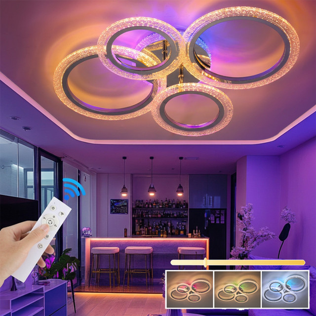 Oyajia LED-Deckenleuchte mit 4 Ringen, RGBW, dimmbar mit Fernbedienung, modern, Farbe: Weiß, Durchmesser: 57 cm - Bild 1