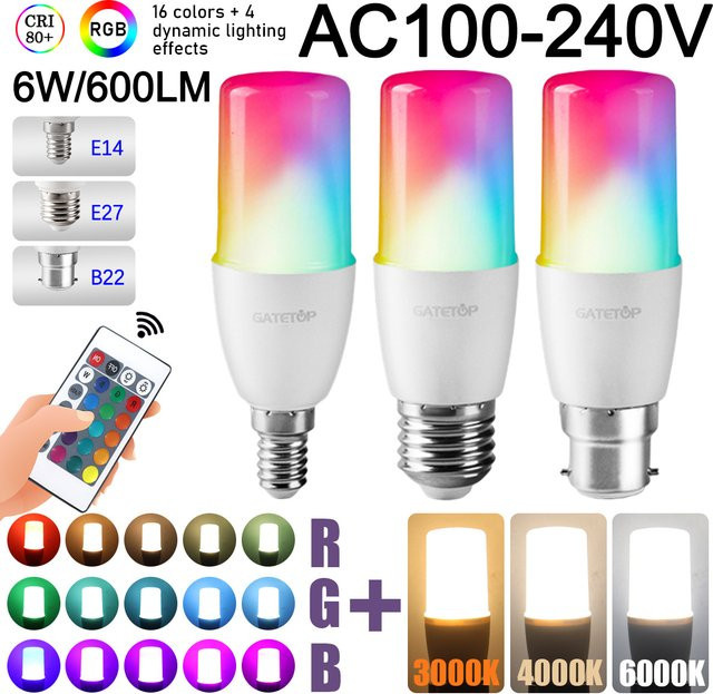 2er-Set RGB LED Glühbirnen mit 16 Farben, dimmbar mit 24-Tasten-Fernbedienung, passend für E14 E27 B22 Fassungen, Mehrfarbig - Bild 1