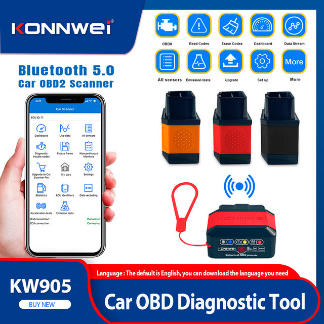 KONNWEI KW905 ELM327 OBD2 Scanner Bluetooth 5.0 Diagnose Tool für Android und iOS in Orange und Schwarz - Bild 1