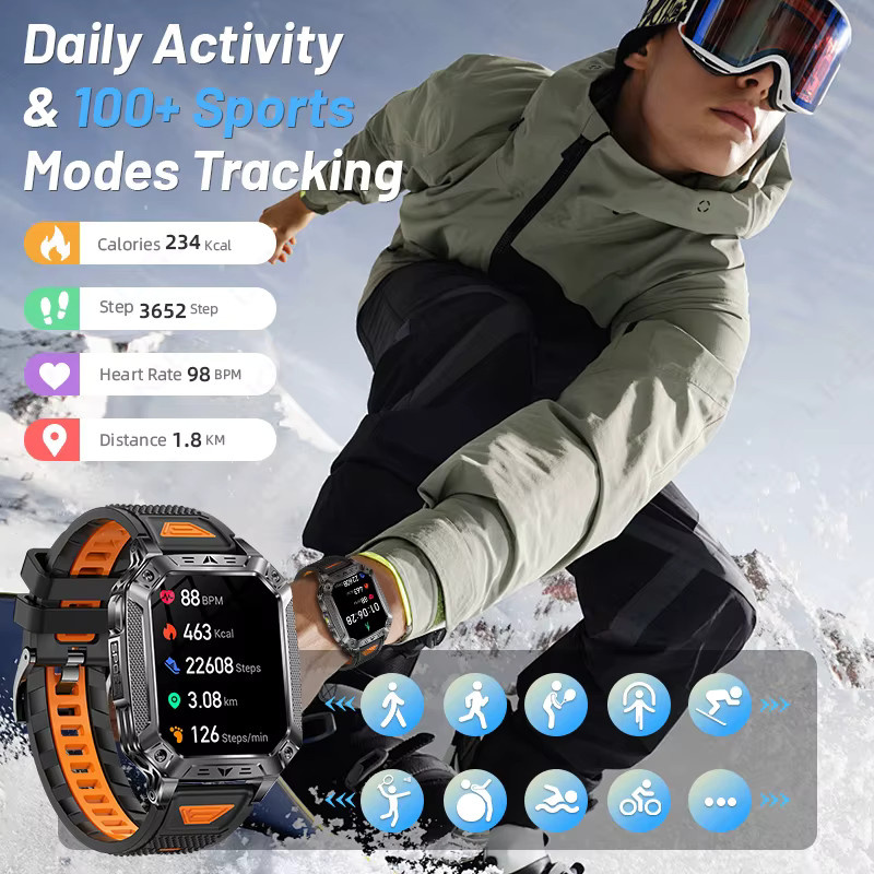LIGE 2026 Outdoor Militär-Smartwatch für Männer in Schwarz-Orange mit 1400mAh Akku, 5ATM wasserdicht, LED-Taschenlampe, SOS-Rotlicht und Anruffunktion - Bild 6