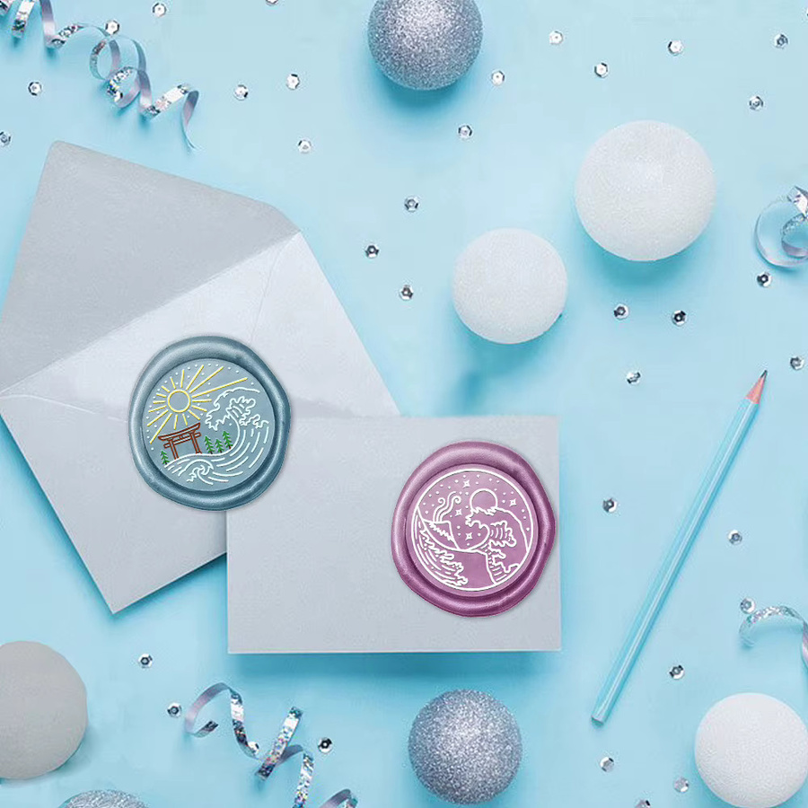 Wachssiegel Stempel mit abnehmbarem Messingkopf Motiv Kokosnussbaum und Sonnenwellen in Multicolour für Einladungen, Geschenke und Dekoration - Bild 2