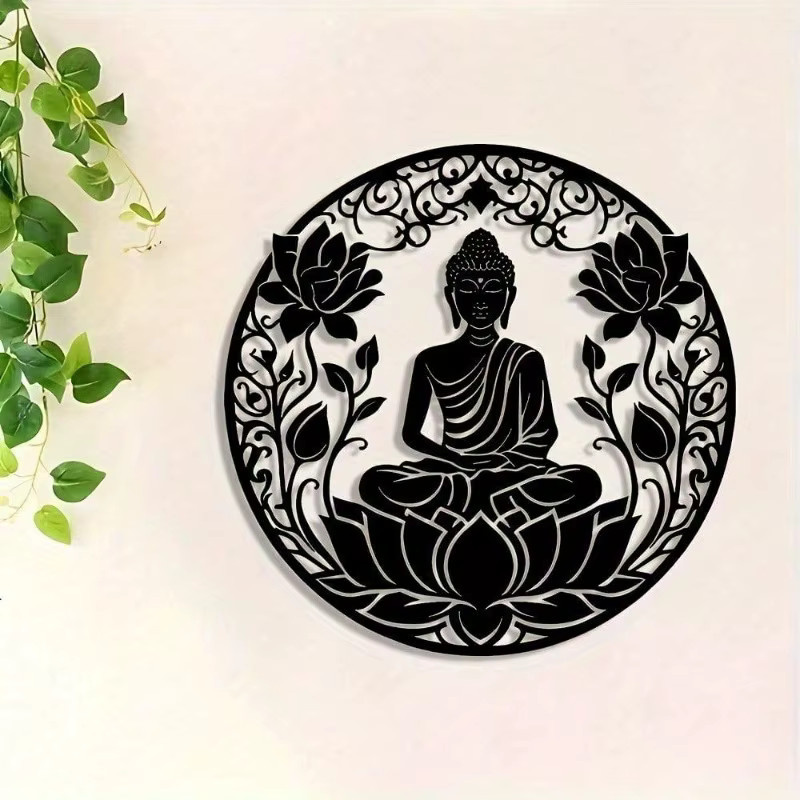 Wandskulptur Zen Lotus Mind aus Metall von CIFBUY mit Buddha und schwarzem Lotus in floralem Design - Bild 3