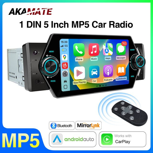 AKAMATE Autoradio mit 5 Zoll IPS Touchscreen, CarPlay, Android Auto, MP5 Multimedia Player, Bluetooth und Mirrorlink, Schwarz, 2DIN Universal - Bild 1