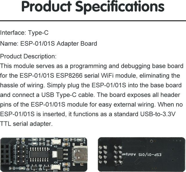 ESP-01/01S USB zu TTL Konvertierungsplatine mit Typ-C Schnittstelle für ESP8266 WiFi Übertragungsmodul in Schwarz und Transparent - Bild 1